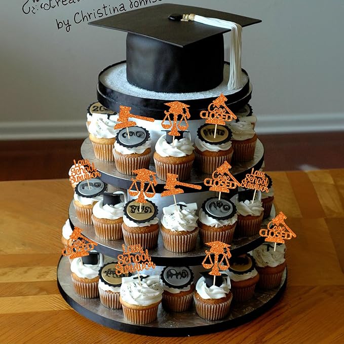 Gyufise 24Pcs Lawyer 2026 Graduation Cupcake Toppers Orange Glitter Class of 2026 Grad Cap Law School Survivor Cupcake Picks for 2026 Lawyer Graduation Party Cake Decorations Supplies