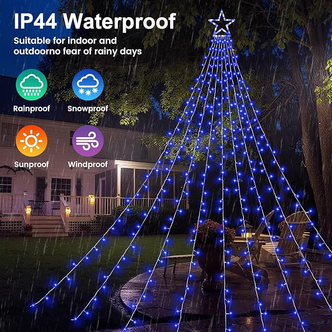 Christmas Decorations Outdoor Lights,11.5 ft 317 LED Star Christmas Tree Lights,8 Memory Lighting Modes&Timer Christmas Star Lights for Yard,Wedding,Party,Christmas Decorations (Blue)