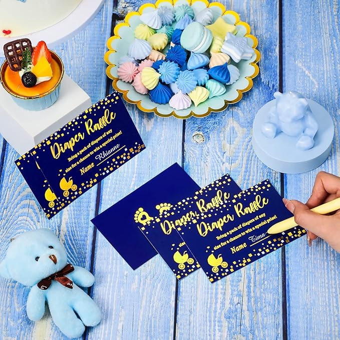 Funrous 51 Diaper Raffle Tickets with Box for Baby Shower Game Invitations Diaper Raffle Card for Gender Reveal Baby Shower Party Decoration Table Centerpiece(Navy, Gold)