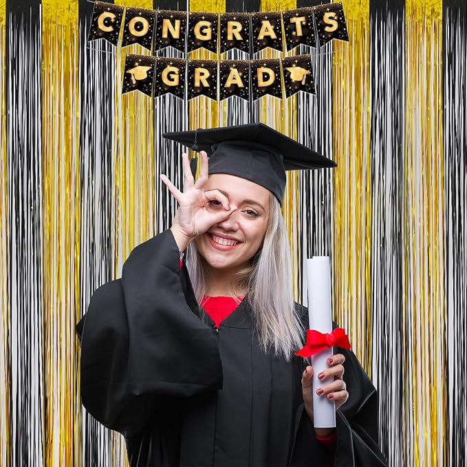 Graduation Decorations 2026 Foil Fringe Curtains- Melsan 3 Pack 3.2 x 8.2 ft Black Tinsel Curtain Photo Backdrop for Birthday Decorations Retirement Party Decorations Black