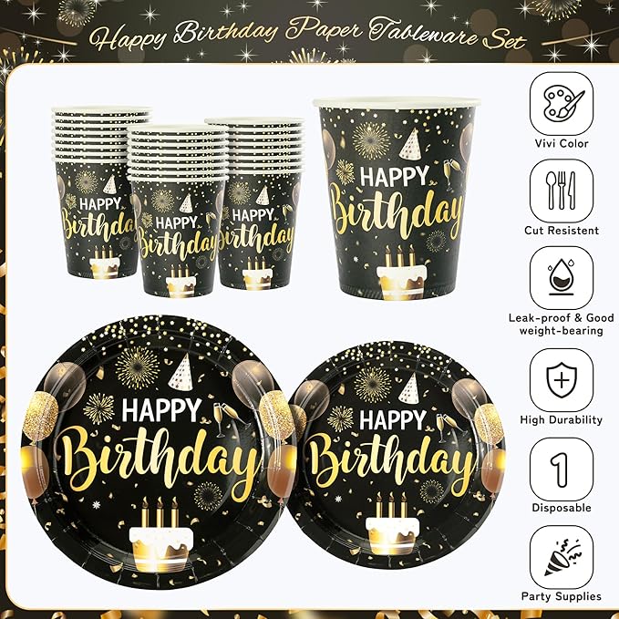 Black and Gold Happy Birthday Party Plates Set, 168PCS Balloons Cake Fireworks Paper Plates Napkins Cups and Gold Cutlery Set, 24 Set Disposable Tableware Set for Birthday Party Decorations