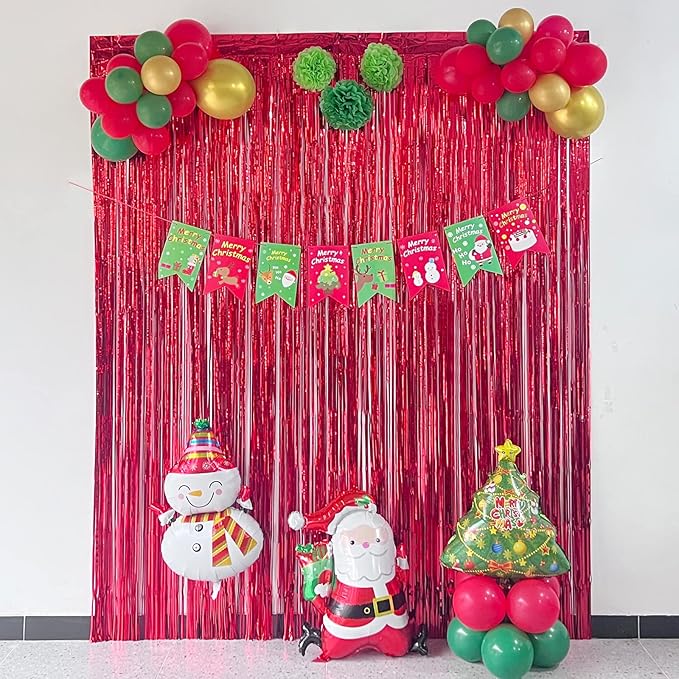 Red Tinsel Fringe Backdrop, Melsan 3.2 x 8 ft Red Metallic Foil Curtains Streamer for Birthday, Anniversary, Photo Booth for Party,2 Packs