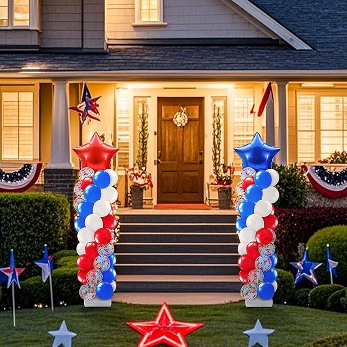 Kasyat 2 Sets 4th of July Balloon Column Stand Kit with Foil Star Balloons Blue and Red White Arch Kit for Floor for Patriotic Memorial Day 250th Anniversary Independence Day Decorations