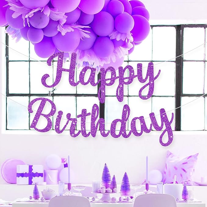 Glitter Happy Birthday Banner Sig Birthday Garland Wall Door Banners Flag for Women Men Boys Girls Party Backdrop Decorations Purple