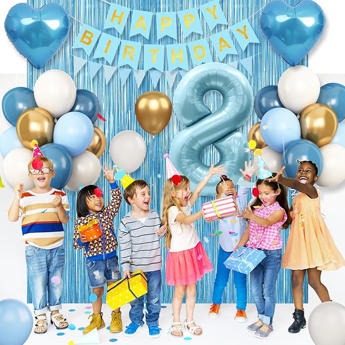 8th Birthday Decorations Blue White Gold,8th Birthday Balloons with Happy Birthday Banner Fringe Curtain Heart Foil Balloons for Boys Girls 8 Year Old Birthday Decor