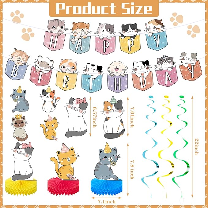 Chinco 16 Pcs Cat Theme Birthday Party Decorations Party Supplies Kit, Includes Cat Party Banner with 6 Hanging Cutouts 6 Hanging Swirl Decor and 3 Birthday Honeycomb Party Decoration(Cartoon Style)
