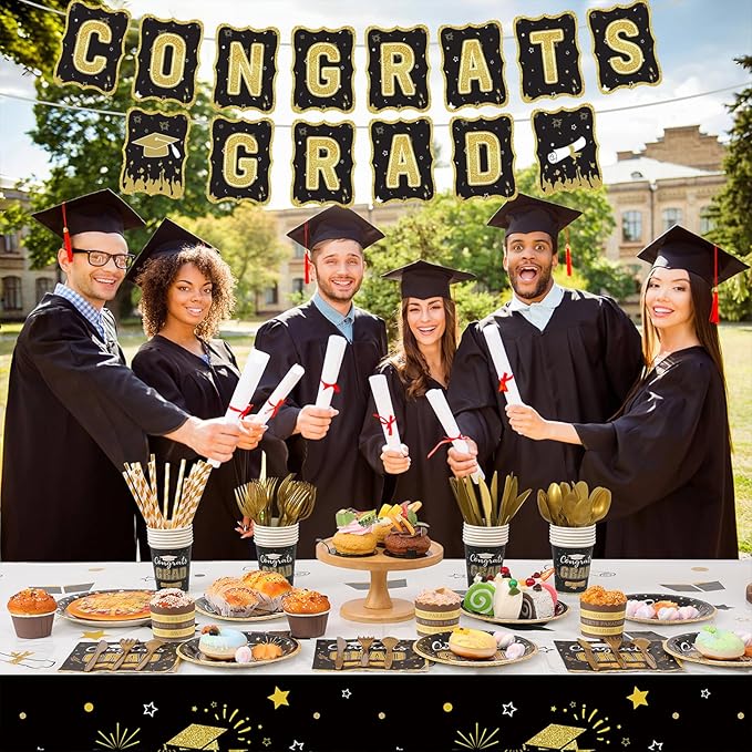 Graduation Party Supplies Congrats Grad Decorations Class of 2025, Disposable Plates and Napkins with Banner Tablecloth Cups Dinnerware Sets for Graduation Decor, Serves 24 (Black and Gold)