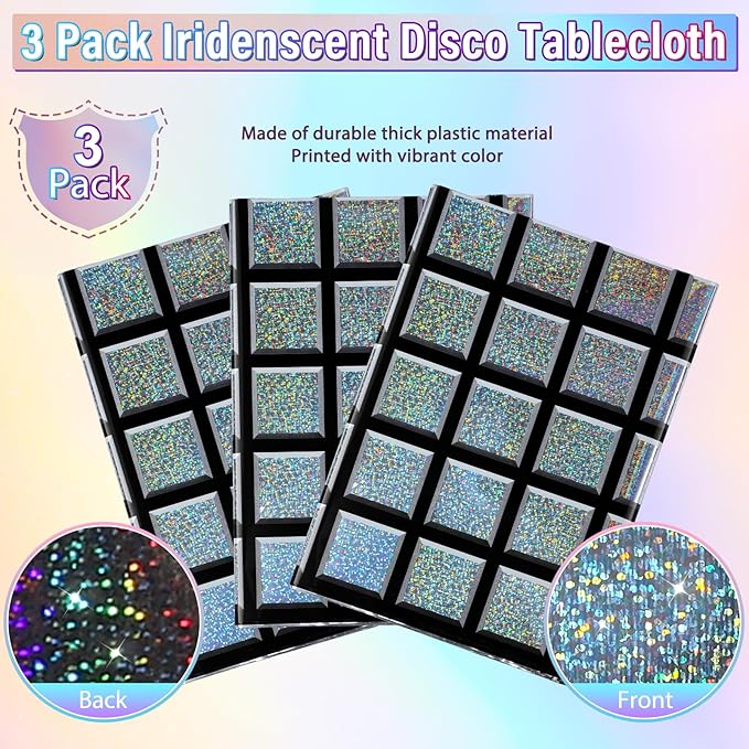 FunnyPars 3 Pack Disco Tablecloth Party Decorations, Shiny Iridescent Disposable Laser Rectangle Table Covers, Silver Plastic Table Cloth for 70s Disco Birthday Theme Party Decorations, 39 x 108Inch