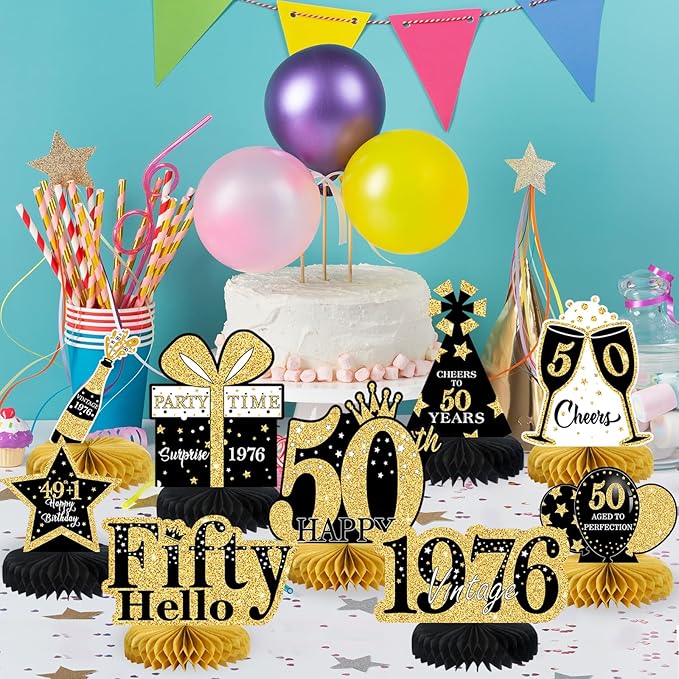 9 Pcs 50th Birthday Decorations Honeycomb Centerpieces for Women Men, Black Gold 1976 Aged to Perfection Vintage Centerpieces for Tables Toppers,Fifty Years Party Decorations Supplies