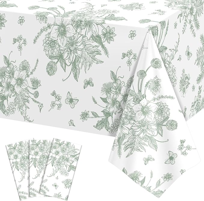 3 Pack Sage Green Floral Plastic Tablecloths, 54 X 108Inch Tea Party Tablecloth Disposable Table Cloths Green and White Porcelain Tables Decor for Mother's Day Birthday Garden Wedding Tea Party