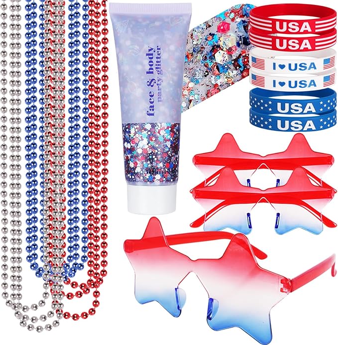 Go Ho 4th of July Outfits for Women,Red White and Blue Face Body Glitter Gel,9 PC Necklaces,3 Pairs Star Sunglasses and 6 PC Rubber Bracelets Wristbands Set for USA Patriotic Outfits Makeup