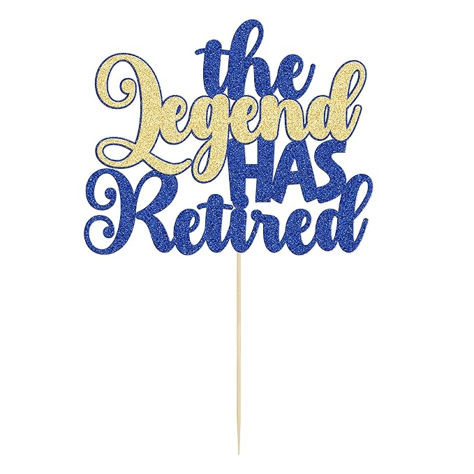 Gyufise 1Pc The Legend Has Retired Cake Topper Glitter Goodbye Hello Tension Pension Cake Pick for Happy Retirement Farewell Theme Party Decoration Supplies Blue Gold