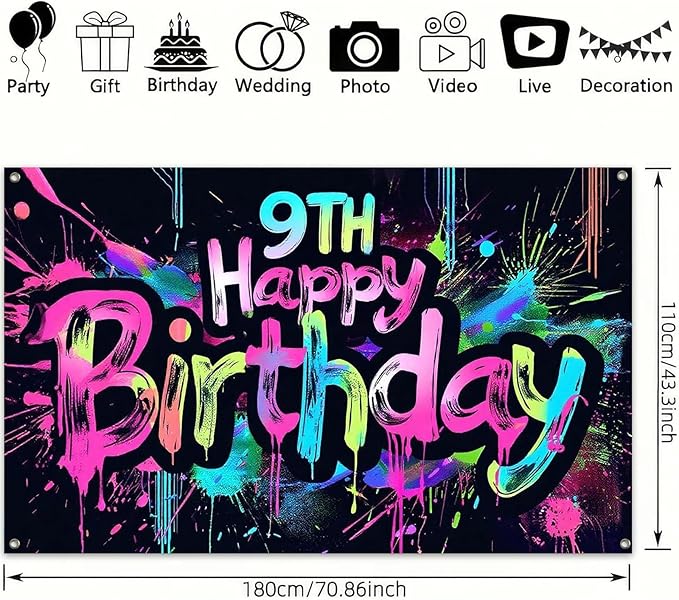 Neon 9th Happy Birthday Banner 71x43 Inch Paint Splatter Glow in The Dark Party Backdrop Colorful Wall Decor for Kids Boys Girls Ninth Birthday Celebrations Photo Booth Props Event