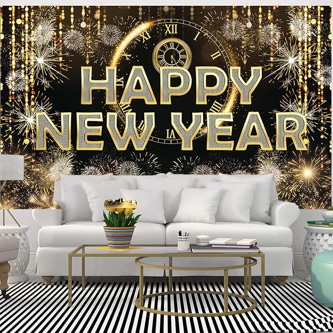 HAPPY NEW YEAR Hanging Extra Large Fabric Sign Poster Black Background Banner with Firework Pattern for New year Party Decorations