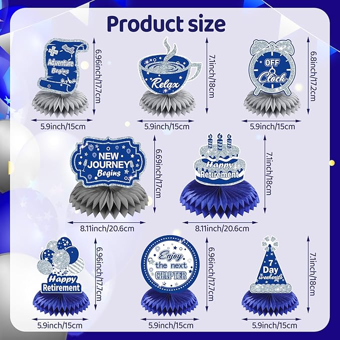 RUMIA 8pcs Navy Blue Silver Retirement Letter Print Honeycomb Centerpieces for Retirement Parties