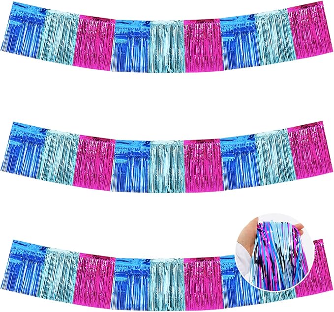 BEISHIDA 3 Packs Metallic Foil Fringe Garland Mix Blue Pink Wall Hanging Tinsel Fringe Banners for Car Floats Birthday Baby Bridal Shower Wedding Graduation Holiday Party Decoration(30 Feet)