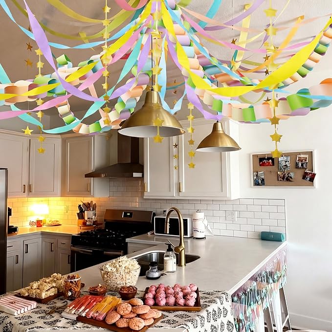 Gueevin Fancy Birthday Decorations Pastel 600 Sheets Paper Chain Garland 2 Pack Gold Star Curtains 492 ft Pastel Crepe Paper Streamers Party Decor for Rainbow Birthday Fancy Party Supplies