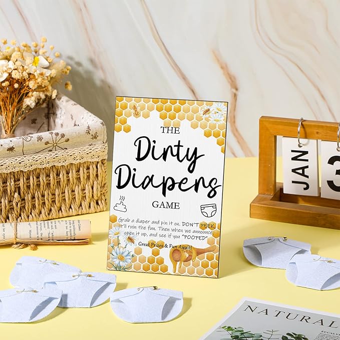 Roowest 51 Pcs Dirty Diaper Baby Shower Games Funny Wooden Sign with 50 Pcs Mini Diapers Cute Felt for Gender Reveal Party Baby Shower(Bee)