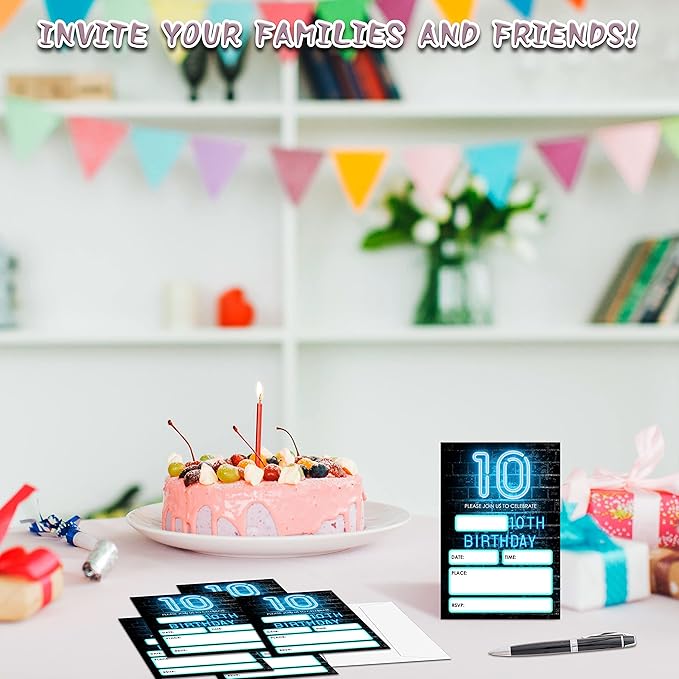 Neon Light 10th Birthday Invitations Cards, 4"x 6" Tenth Birthday Party Invites with Envelopes for Party Decorations Supplies(20 Pieces) -D24