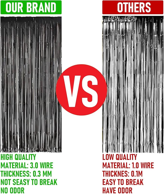 Dazzle Bright 2 Pack Black Backdrop Curtain, 3FT x 8FT Metallic Tinsel Foil Fringe Curtains Photo Booth Background for Baby Shower Party Birthday Wedding Engagement Bridal Shower Decorations