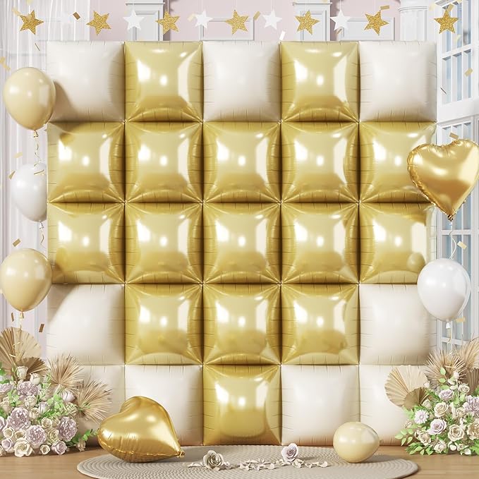 White Gold Square Foil Balloons, 25PCS Double Sided Cream Metallic Gold Square Balloons Backdrop Wall Beige Gold Elegant Balloon Background Decorations for Boho Birthday Wedding Engagement Baby Shower