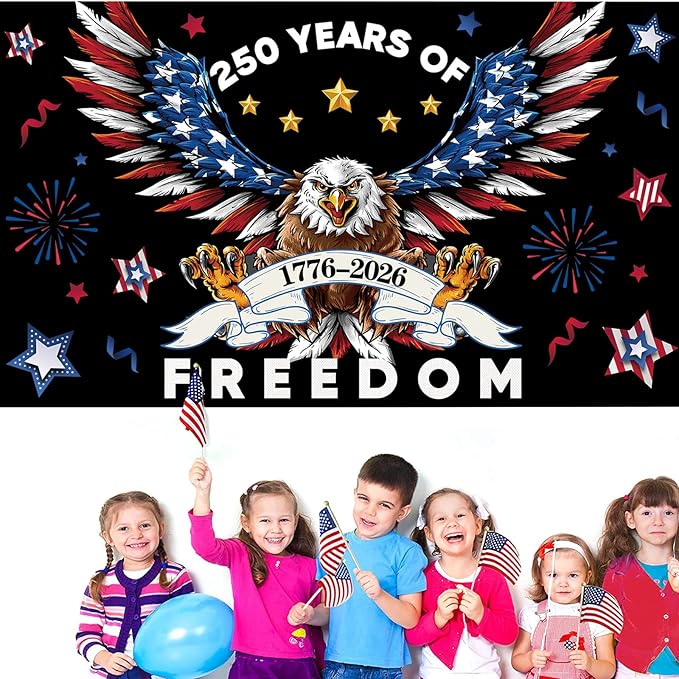 Red Blue 250 Years America Backdrop Banner Photography Background for 250th Anniversary USA Theme 4th of July Independence Day Home Garden Outdoor Party Decorations Supplies 72.8 * 43.3in