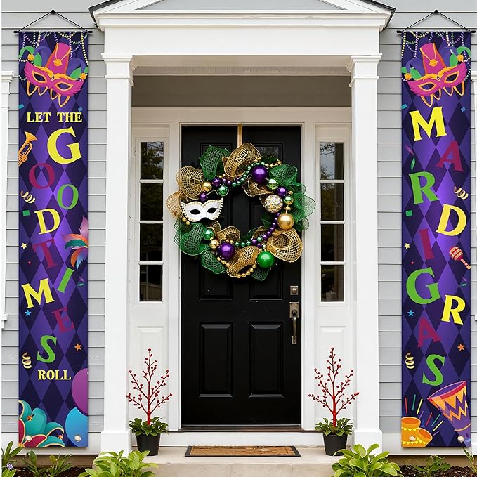 OHOME Mardi Gras Decorations - Masquerade Party Porch Banner | Mardi Gras Decorations for Indoor Outdoor Outside - New Orleans Party Holiday Hanging Backdrop Sign Favors Supplies for Home Wall Door