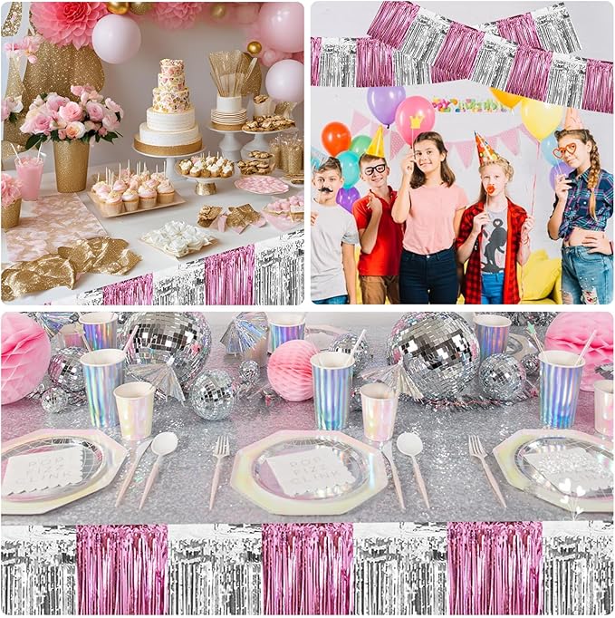 BEISHIDA 3 Packs Metallic Foil Fringe Garland Pink Silver Wall Hanging Tinsel Fringe Banners for Car Floats Birthday Baby Bridal Shower Wedding Graduation Holiday Party Decoration(30 Feet)