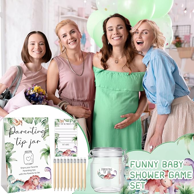 Roowest Baby Shower to Baby Advice Cards for New Parents to Be - Tip Jar Sign for New Parents 60 Parenting Advice Cards 10 HB Pencils 2 Cute Stickers 1 Pet Bottle for Guests Games(Dinosaur)