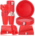 Red Plastic Plates for Party, Disposable Red 9'' Dinner Party Plate Cups Napkins Set for 50 Guests, Party Supplies Dinnerware for Christmas, Birthday,Wedding, BBQ