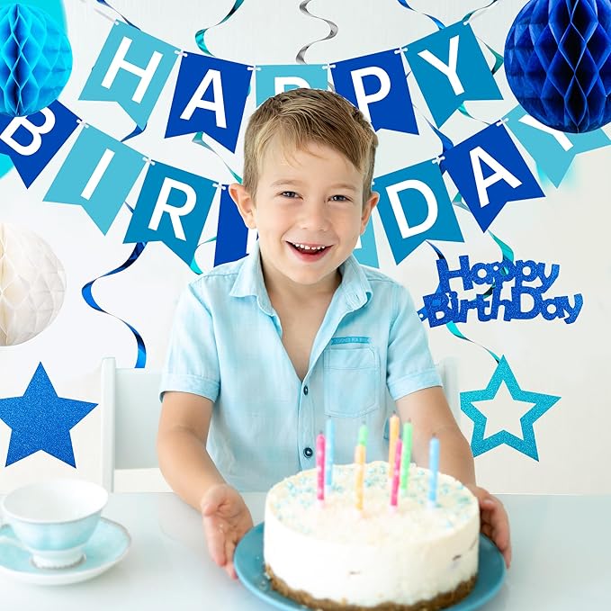 Birthday Decorations, Happy Birthday Banner with Honeycomb Balls, Swirls Set Happy Birthday Decorations Sign for Men Women Boys Girls Birthday Party Supplies Kit for Indoor Outdoor