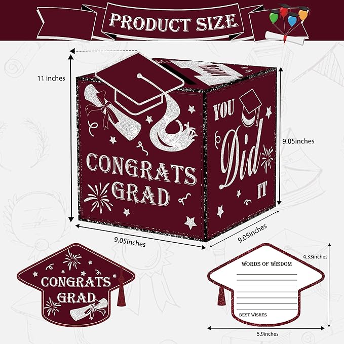 AYGXU Graduation cards 2026 with Graduation Card Box Holder,Congrats Grad Foldable Cardboard Decorations Box for Graduation party,graduation money box,School College Graduation Party-maroon box.