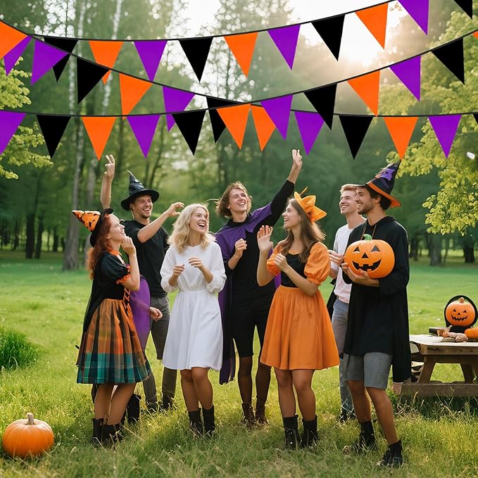 GCQQ 39FT Halloween Triangle Banner - 42Pcs Black Orange Purple Pennant Banners Flag Halloween Cotton Bunting Party Garlands for Porch Classroom Wall Fireplace Indoor Outdoor Decoration