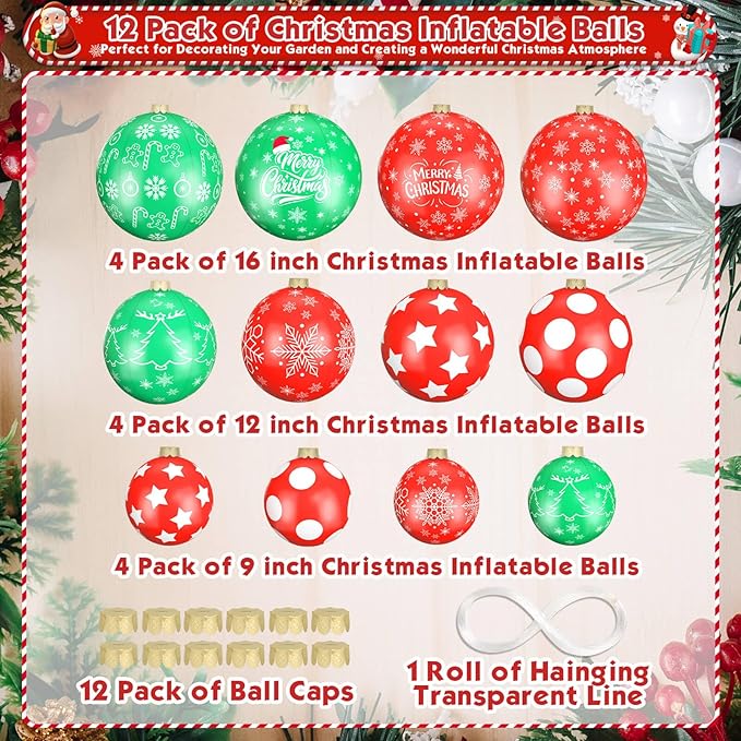 12 Pack Giant Inflatable Christmas Ornaments for Outdoor Decoration, Big Christmas Balls for Front Door Yard Tree Hanging (9 Inch, 12 Inch, 16 Inch)