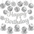 Disco Birthday Party Decorations - Silver Disco Ball Banner, Honeycomb Centerpieces, 70s-80s-90s Themed Party Pack
