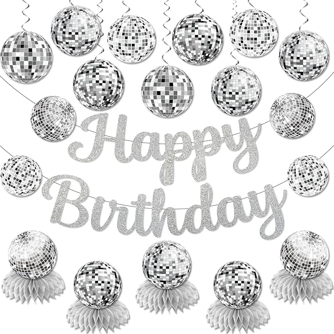 Disco Birthday Party Decorations - Silver Disco Ball Banner, Honeycomb Centerpieces, 70s-80s-90s Themed Party Pack
