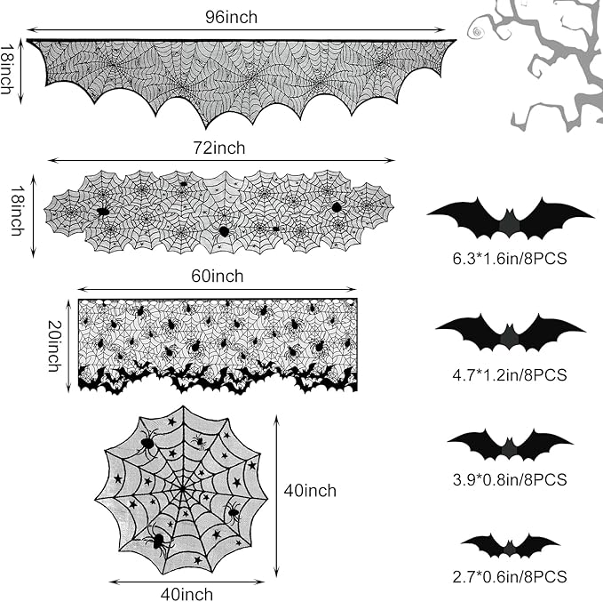 5Pack Halloween Decorations Indoor Halloween Spider Web Tablecloth Table Runners Fireplace Mantel Scarf Cobweb Lampshade Scary 3D Bats for Halloween Spooky Home Decor