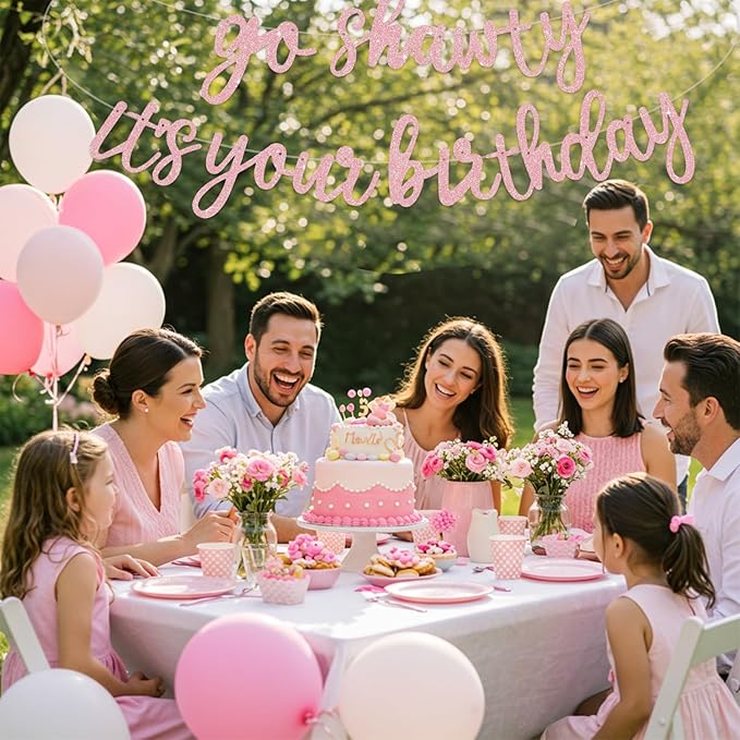 BEISHIDA Go Shawty It's Your Birthday Banner NO DIY Hip Hop Theme Happy Birthday Banner Pre-Strung Rap Theme Happy Birthday Sign for Man Women birthday Party Supply Glitter Dark Pink