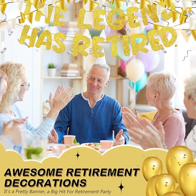 Fulmoon Pre Strung the Legend Has Retired Glitter Banner 9.8 ft Retirement Banner Retirement Party Decorations Garland Bunting for Men Women Gifts, No DIY(Gold)