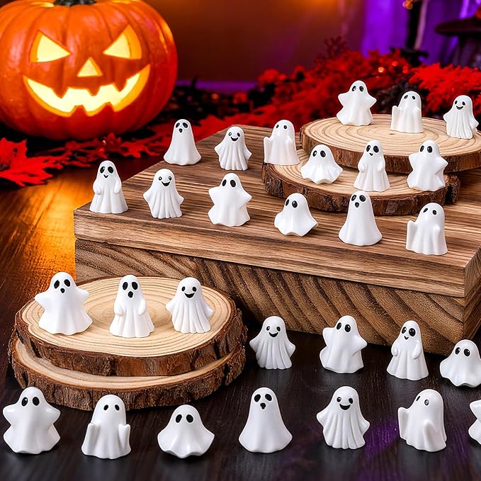 80Pcs Mini Resin Ghosts Tiny Small Ghost Figurines Miniature Halloween Decorations for Spooky Tiered Tray Home Table Centerpiece Decor Vase Filler Party Favors Gift