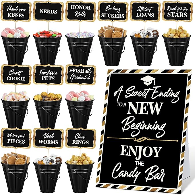 12 Set 2026 Graduation Candy Buffet Party Decoration Graduation Table Candy Bar Snack Labels Signs and 5'' Buckets with Handle for Class of 2026 Party Parties Supplies(Pure Style,Black)
