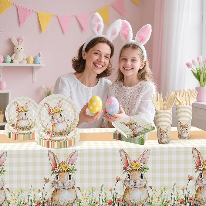Childom Easter Party Supplies Decorations,147 Pcs Easter Decorations Disposable Tableware Set,Bunny Themed Dinnerware with Plastic Tablecloth Knives Fork,Paper Plates Napkin Cups for Birthday,Parties