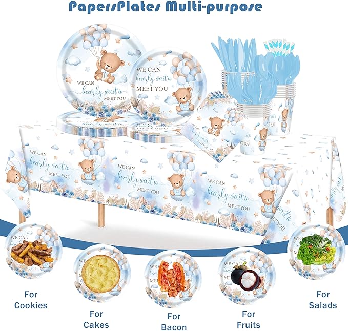 Bear Baby Shower Decorations for Boy – 193 Pcs We Can Bearly Wait Party Supplies for 24 Guests, Includes Plates, Napkins, Cutlery, Tablecloth – Blue Bear Theme Baby Shower Decor