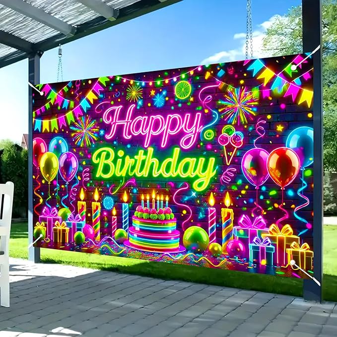 Nuxovilar Neon happy birthday banner - Graffiti Style Cake & Fireworks Backdrop, 71x43 Inch Vibrant Party Decorations for Teens, Urban Yard Sign, Reusable Brick Wall Background