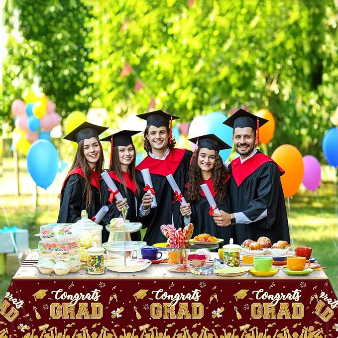 chiazllta Set of 3 Graduation Tablecloths Class of 2026 Congrats Grad Maroon Graduation Party Tablecover Decorations Party Supplies Large Size Plastic 54"x108"(Maroon & Gold)