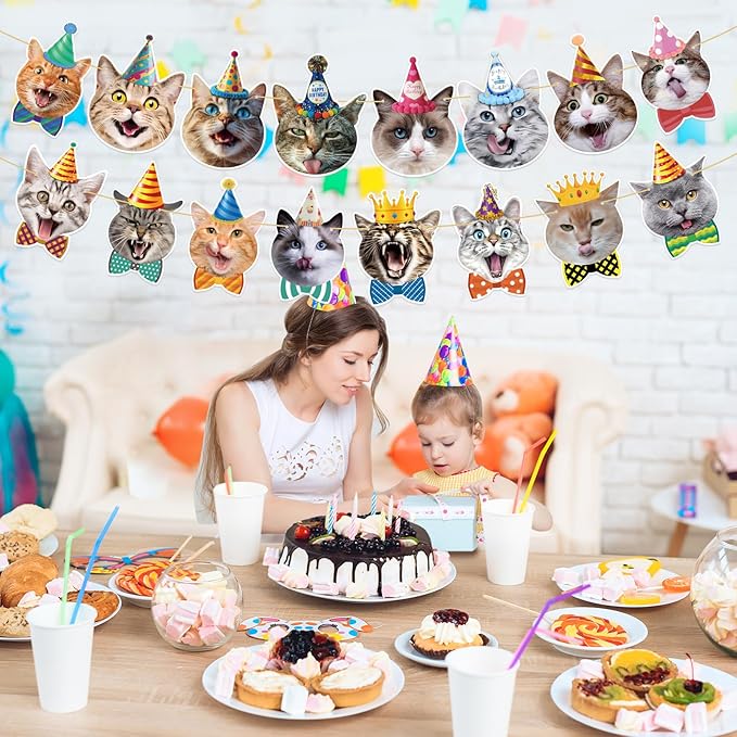 Cat Happy Birthday Banner - Cat Birthday Party Decorations Party Decor Supplies for Kids, Boys, Girls, Baby Showers