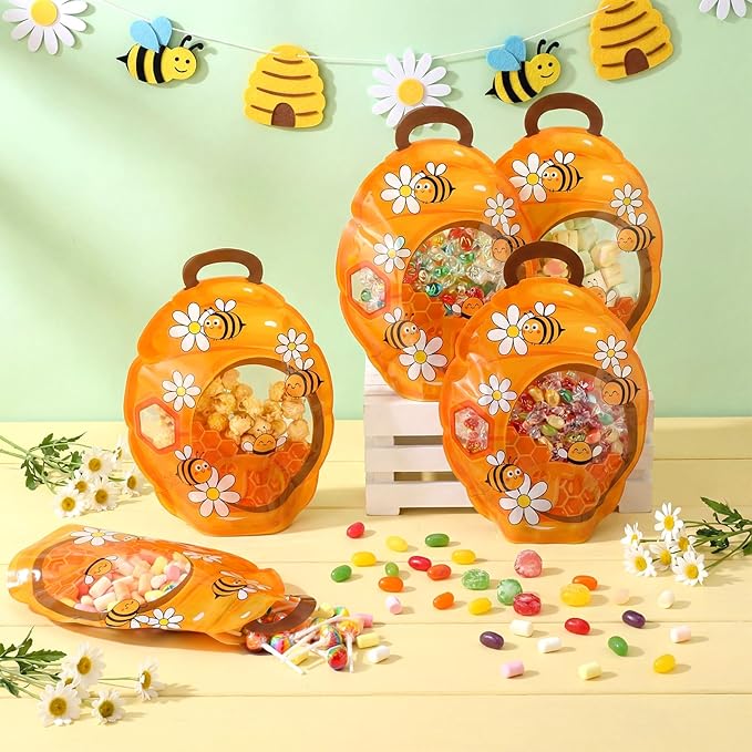 ReliThick 50 Pcs Bee Gift Bags with Handles, Sealed Plastic Honeycomb Bee Party Favors Bags Bulk Daisy Honey Goodie Candy Treat Pouch for Snack Spring Summer Birthday Baby Shower Decor Supply