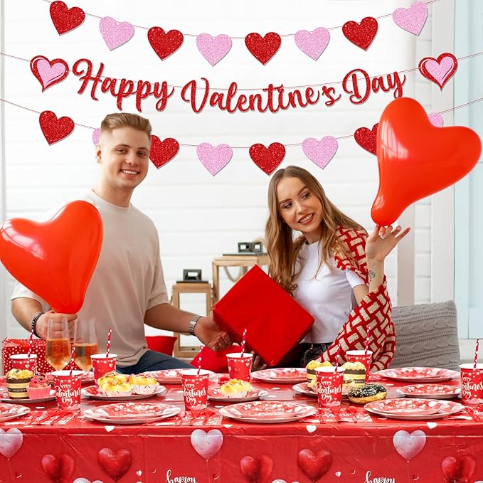 Valentine's Party Decorations 196 Pcs Valentines Plates and Napkins,Cups,Tablecloth Serve 24 Red Heart Valentine Banner Happy Valentine's Day Dinnerware Set Valentines Party Supplies