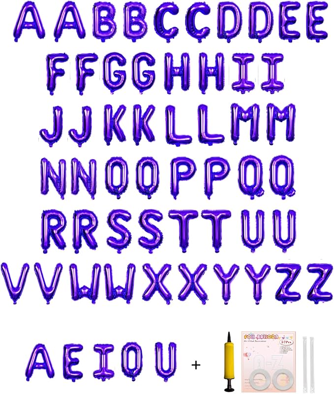 58 PCS Letter Balloons Alphabet Letters 2 Sets A- Z & 1 Sets AEIOU 16 - Inch Mylar Foil Balloons Set for Wedding/Birthdays/Annivs/Grads party Decoration Banner Custom Phrase（Purple）