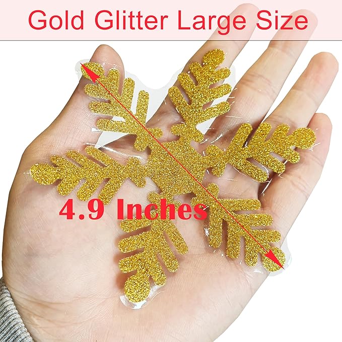 Gold Glitter Snowflake Window Clings 147PCS Sparkling Window Snowflakes Winter Wonderland Decorations for Home Office Christmas Party(Glitter Gold)